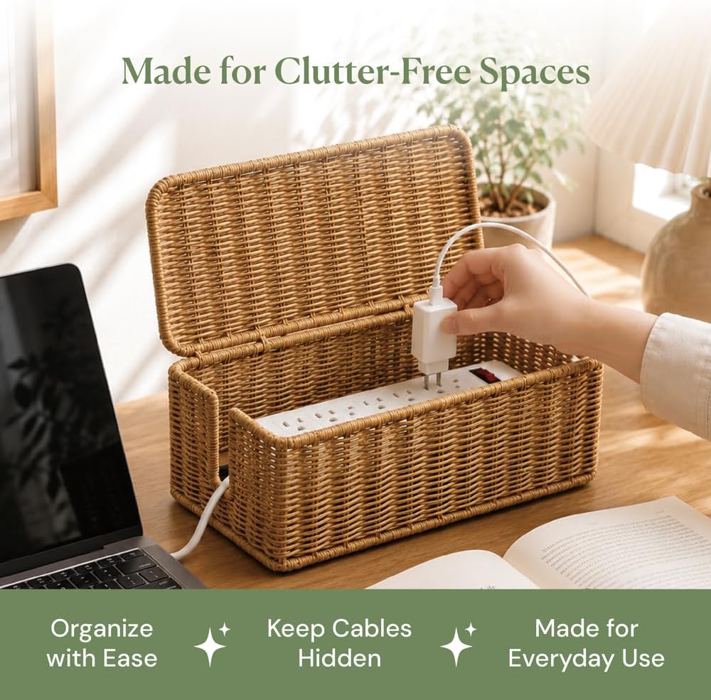 Cable Management Box, Handmade Rattan Cable Organizer with 2 Open Slots, Cord Hider for Power Strip, Router & USB Hub, Registered U.S. Design Patent, 13" x 5.1" x 5.1", Natural