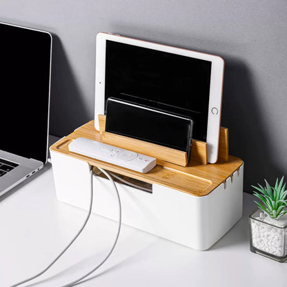 🎋 Bamboo Cable Management Box with Device Stand 🔌 Power Strip Hider & Desk Organizer for iPhone, iPad, Router 📡