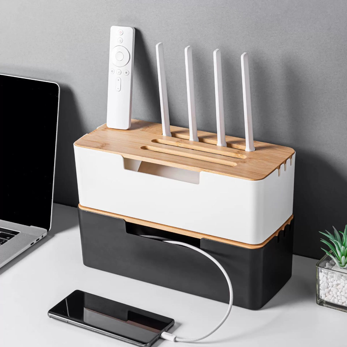 🎋 Bamboo Cable Management Box with Device Stand 🔌 Power Strip Hider & Desk Organizer for iPhone, iPad, Router 📡