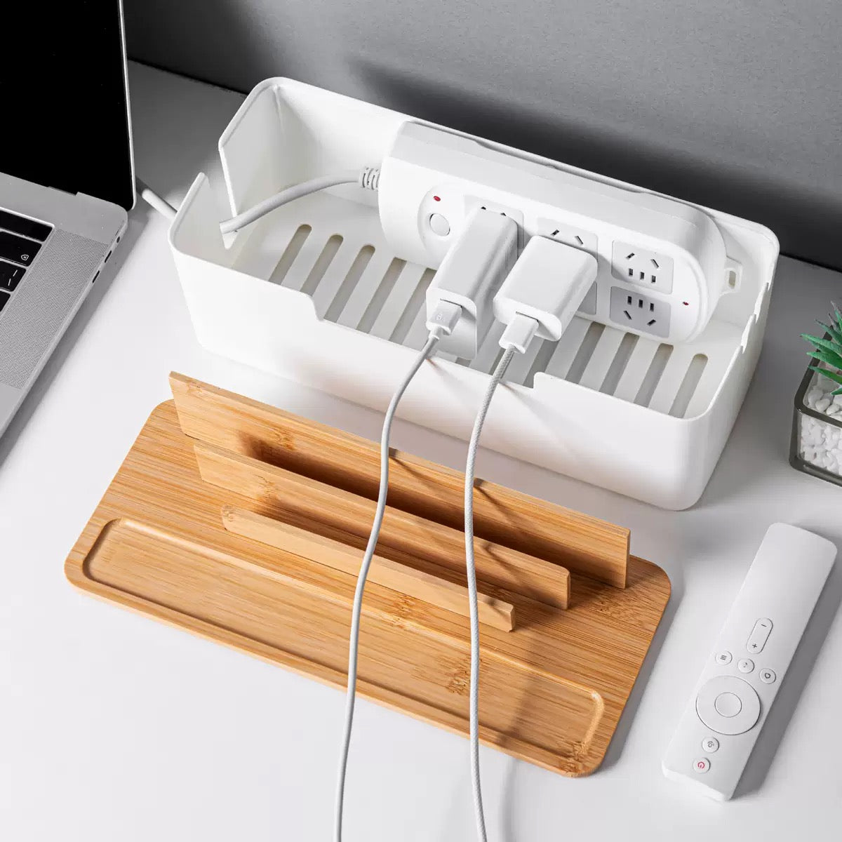 🎋 Bamboo Cable Management Box with Device Stand 🔌 Power Strip Hider & Desk Organizer for iPhone, iPad, Router 📡