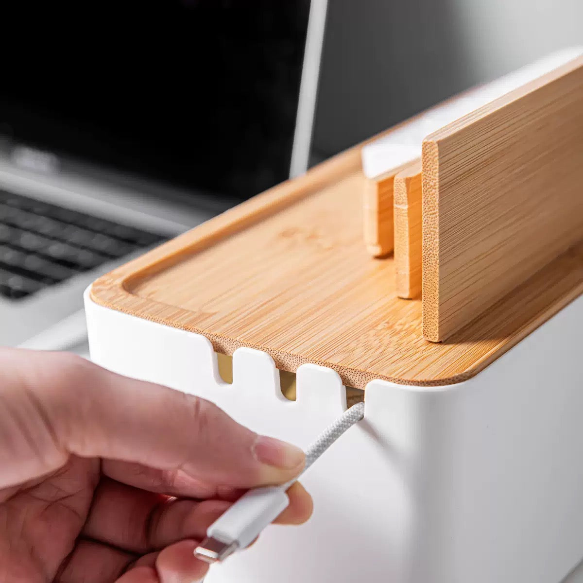 🎋 Bamboo Cable Management Box with Device Stand 🔌 Power Strip Hider & Desk Organizer for iPhone, iPad, Router 📡