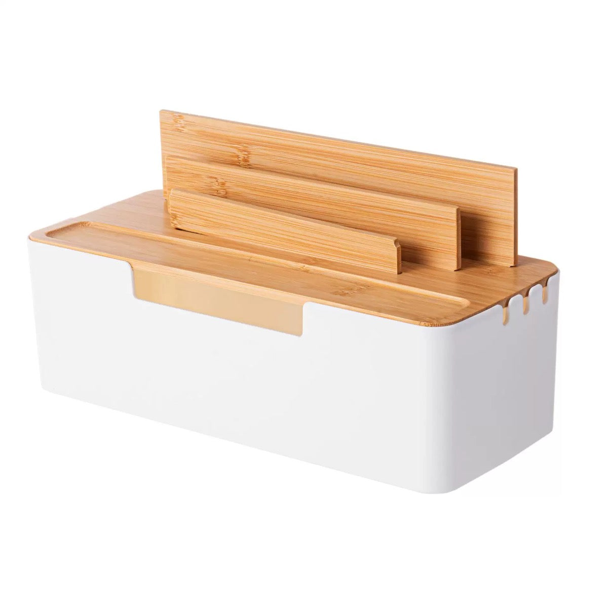 🎋 Bamboo Cable Management Box with Device Stand 🔌 Power Strip Hider & Desk Organizer for iPhone, iPad, Router 📡