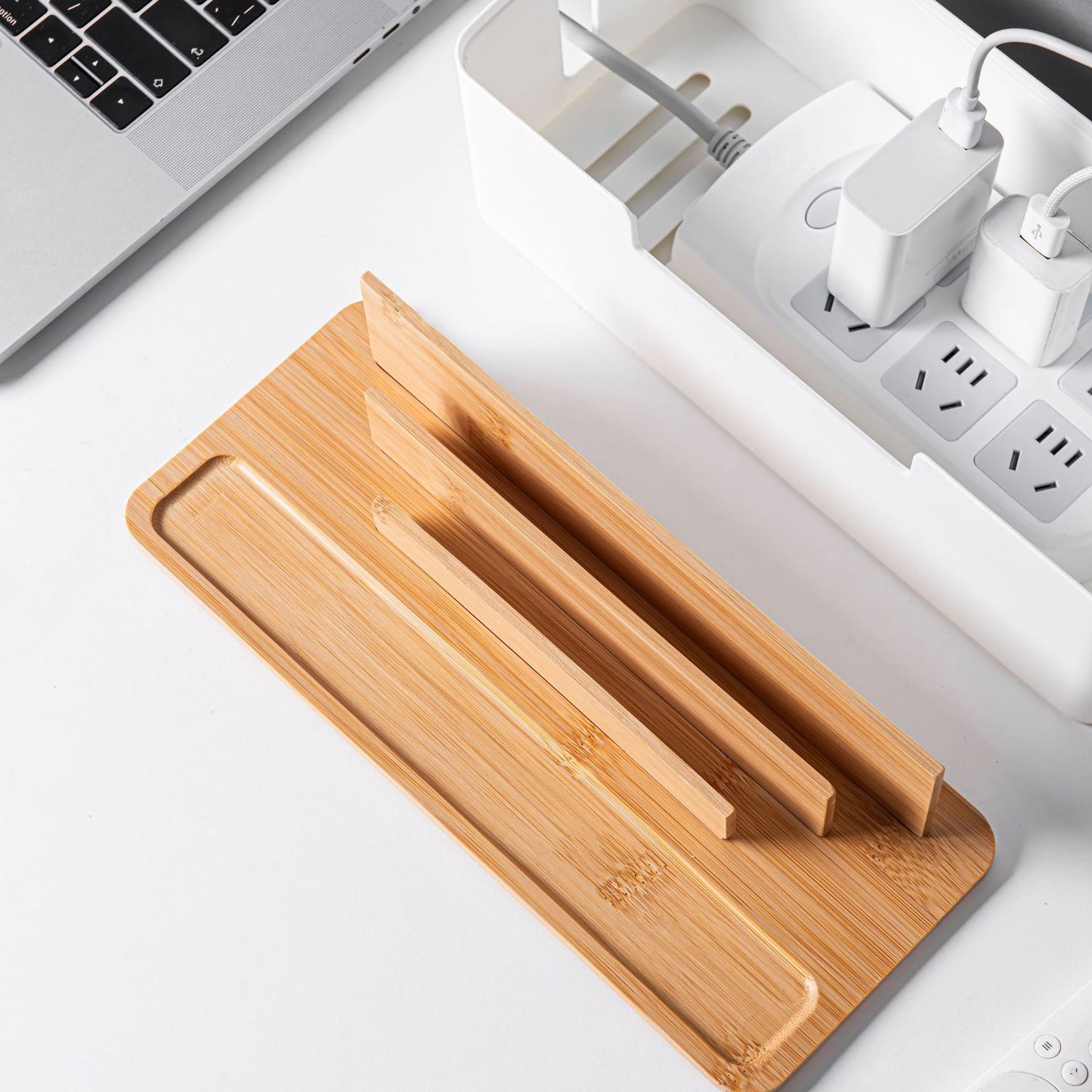 🎋 Bamboo Cable Management Box with Device Stand 🔌 Power Strip Hider & Desk Organizer for iPhone, iPad, Router 📡