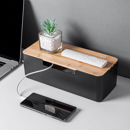 🎋 Bamboo Cable Management Box with Device Stand 🔌 Power Strip Hider & Desk Organizer for iPhone, iPad, Router 📡