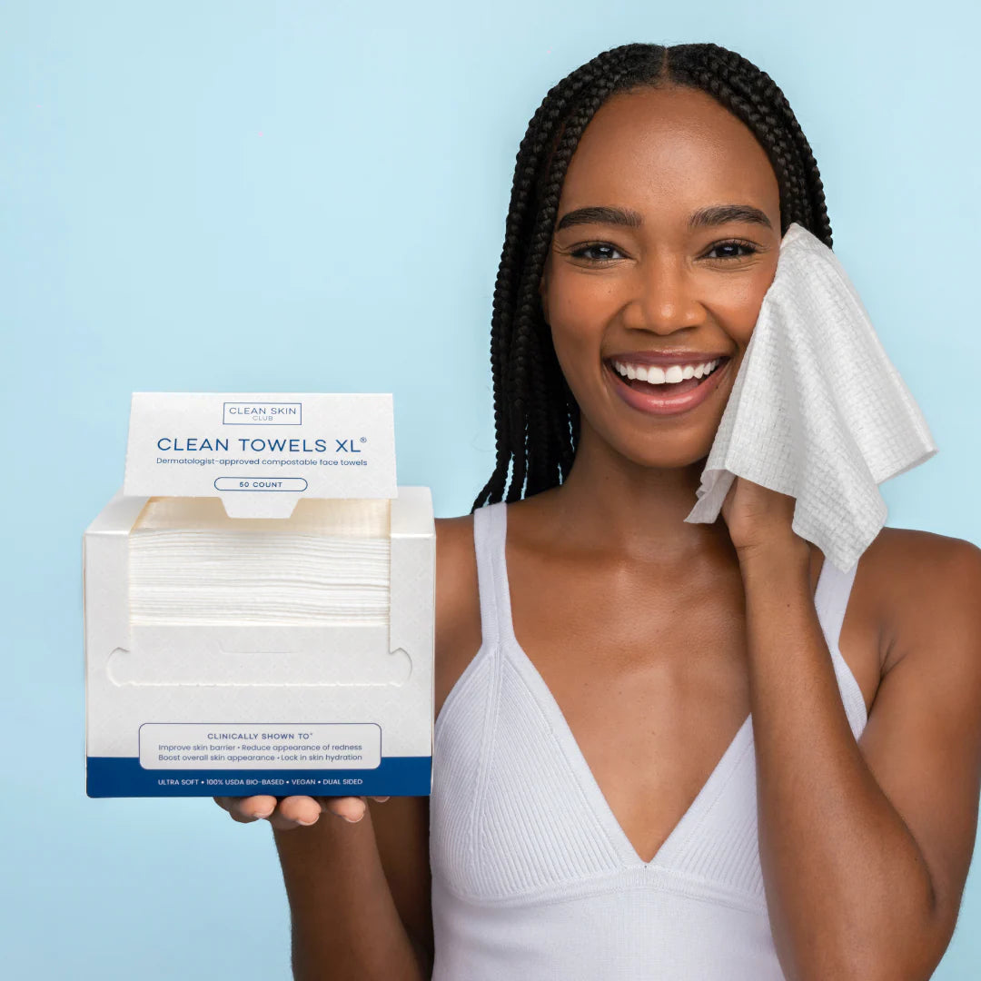 Clean Skin Club Clean Towels XL®, 100% USDA Biobased Face Towel, Disposable Face Towelette, Eczema Association Accepted, Makeup Remover Dry Wipes, Ultra Soft, 1 Pack, 50 Ct