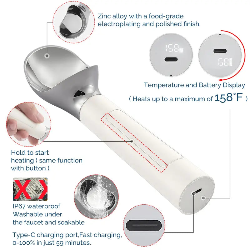 Heated Ice Cream Scoop Rechargeable Electric Scooper 2 Oz Stainless Steel LED Display IP67 Waterproof Durable for Hard Ice Cream
