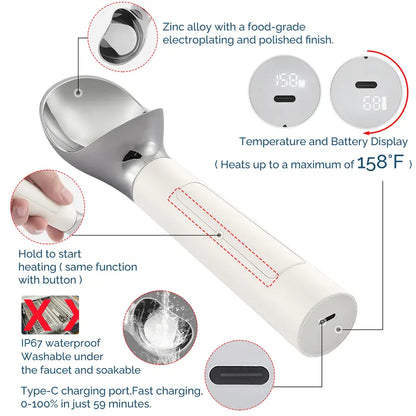 Heated Ice Cream Scoop Rechargeable Electric Scooper 2 Oz Stainless Steel LED Display IP67 Waterproof Durable for Hard Ice Cream
