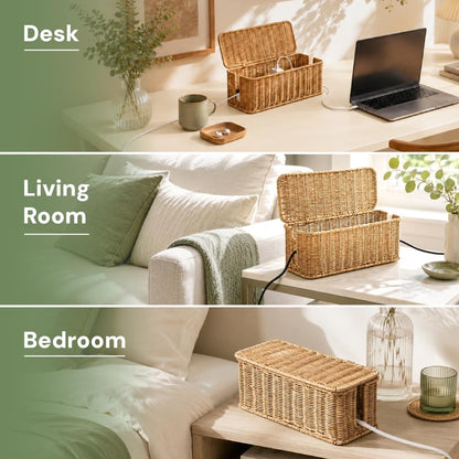 Cable Management Box, Handmade Rattan Cable Organizer with 2 Open Slots, Cord Hider for Power Strip, Router & USB Hub, Registered U.S. Design Patent, 13" x 5.1" x 5.1", Natural