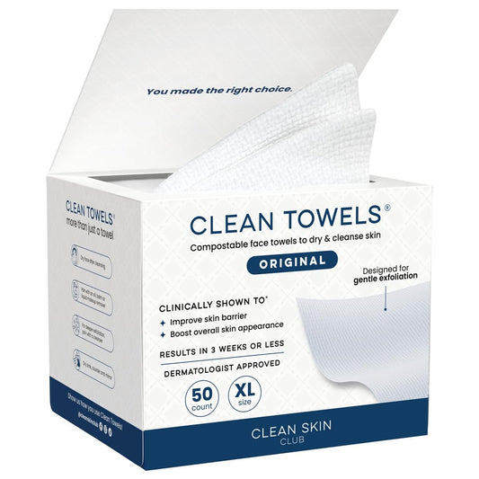 Clean Skin Club Clean Towels XL®, 100% USDA Biobased Face Towel, Disposable Face Towelette, Eczema Association Accepted, Makeup Remover Dry Wipes, Ultra Soft, 1 Pack, 50 Ct
