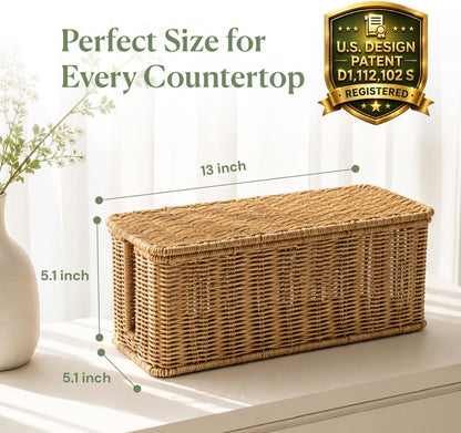 Cable Management Box, Handmade Rattan Cable Organizer with 2 Open Slots, Cord Hider for Power Strip, Router & USB Hub, Registered U.S. Design Patent, 13" x 5.1" x 5.1", Natural
