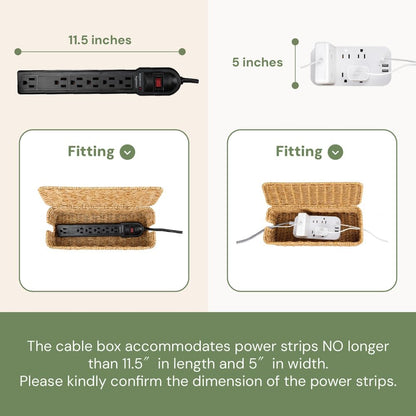 Cable Management Box, Handmade Rattan Cable Organizer with 2 Open Slots, Cord Hider for Power Strip, Router & USB Hub, Registered U.S. Design Patent, 13" x 5.1" x 5.1", Natural