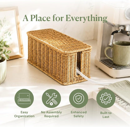 Cable Management Box, Handmade Rattan Cable Organizer with 2 Open Slots, Cord Hider for Power Strip, Router & USB Hub, Registered U.S. Design Patent, 13" x 5.1" x 5.1", Natural