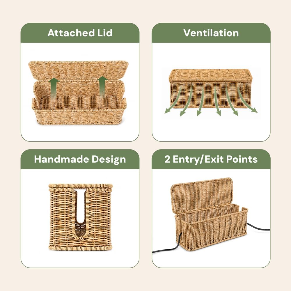 Cable Management Box, Handmade Rattan Cable Organizer with 2 Open Slots, Cord Hider for Power Strip, Router & USB Hub, Registered U.S. Design Patent, 13" x 5.1" x 5.1", Natural