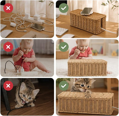 Cable Management Box, Handmade Rattan Cable Organizer with 2 Open Slots, Cord Hider for Power Strip, Router & USB Hub, Registered U.S. Design Patent, 13" x 5.1" x 5.1", Natural