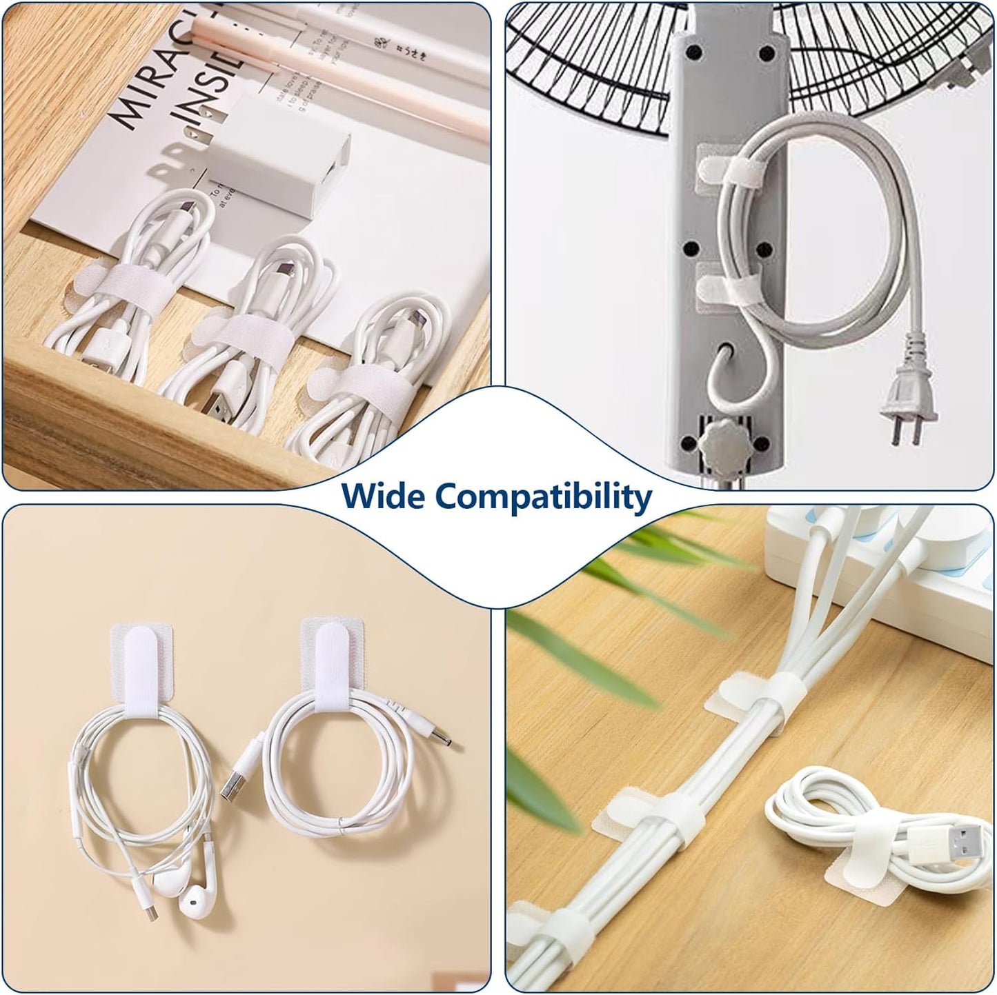 50 PCS Hook and Loop Cable Ties, Under Desk Cable Management, Self Adhesive Cable Clips Straps, Sticky-Back Cord Organizer, Wire Organizer for TV PC Laptop Ethernet Desktop, White