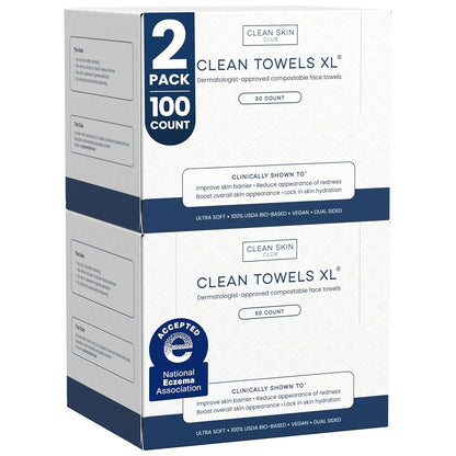 Clean Skin Club Clean Towels XL®, 100% USDA Biobased Face Towel, Disposable Face Towelette, Eczema Association Accepted, Makeup Remover Dry Wipes, Ultra Soft, 1 Pack, 50 Ct
